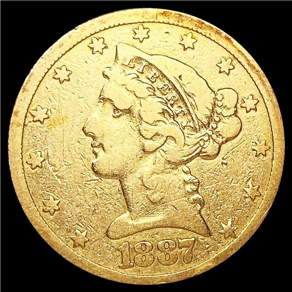 1887-S $5 Gold Half Eagle NICELY CIRCULATED