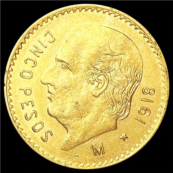 1918 Mexico .1206oz Gold 5 Pesos UNCIRCULATED