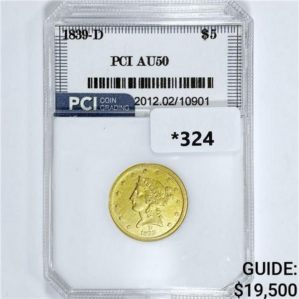 1839-D $5 Gold Half Eagle PCI AU50