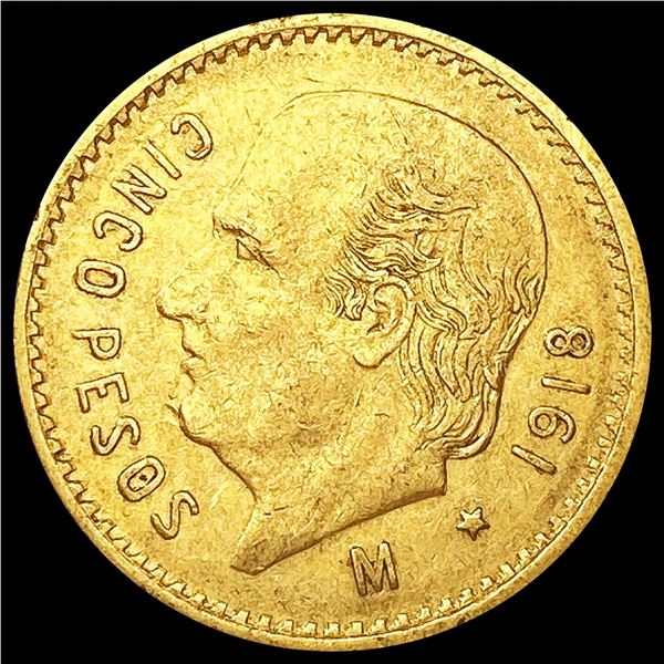 1918 Mexico .1206oz Gold 5 Pesos UNCIRCULATED