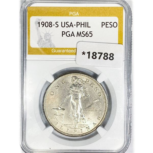 1908-S USA-Phil One Peso PGA MS65