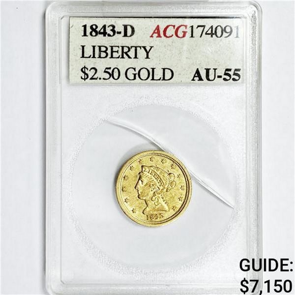 1843-D $2.50 Gold Quarter Eagle ACG AU55