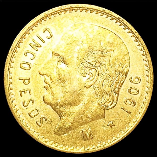 1906 Mexico .1206oz Gold 5 Pesos UNCIRCULATED