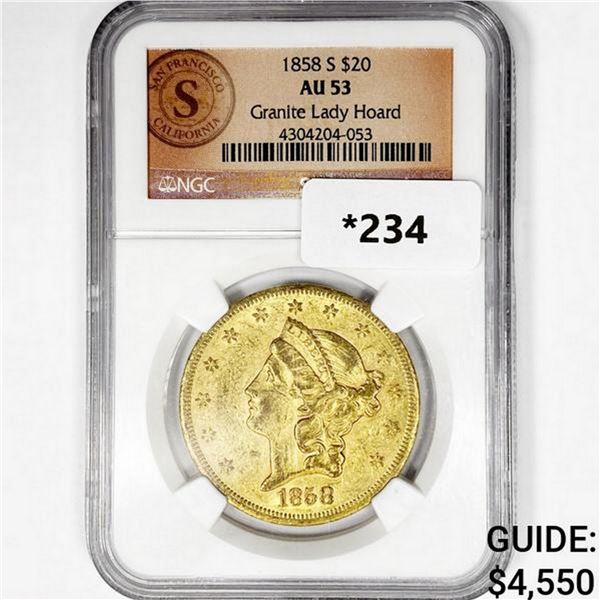 1858-S $20 Gold Double Eagle NGC AU53