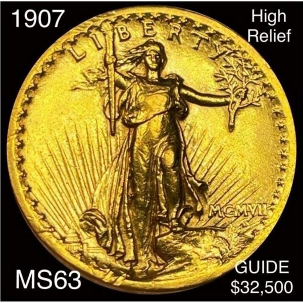 1907 $20 Gold Double Eagle High Relief CHOICE BU