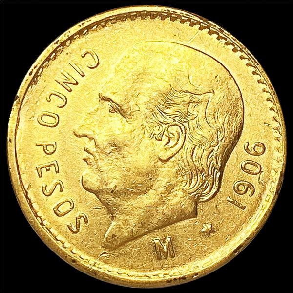 1906 Mexico .1206oz Gold 5 Pesos UNCIRCULATED