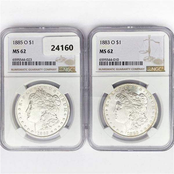 1885-O, 1883-O Set (2) Morgan Dollars NGC MS62