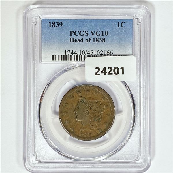 1839 Large Cent PCGS VG10 Head of 38