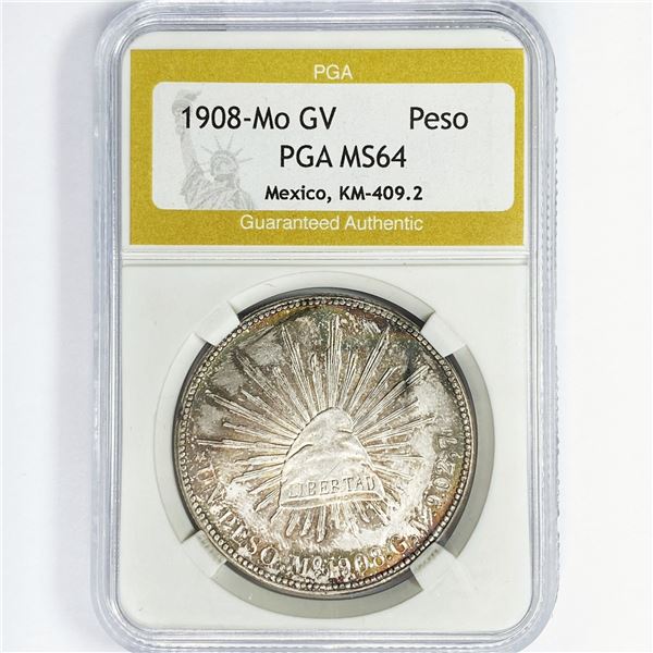 1908-Mo GV Silver Peso Mexico PGA MS64 KM-409.2