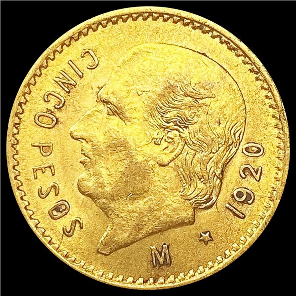 1920 Mexico .1206oz Gold 5 Pesos UNCIRCULATED