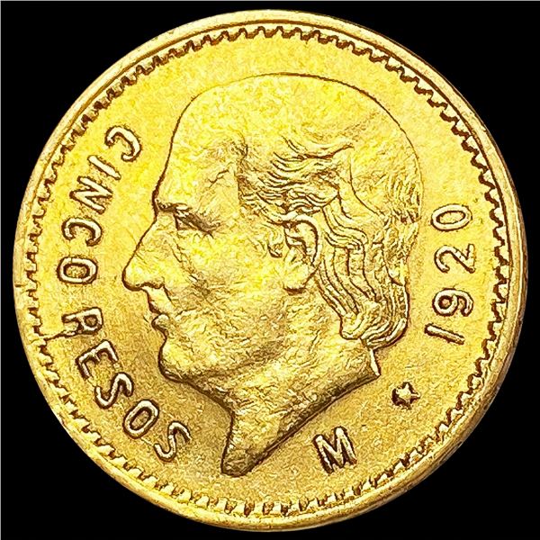 1920 Mexico .1206oz Gold 5 Pesos UNCIRCULATED