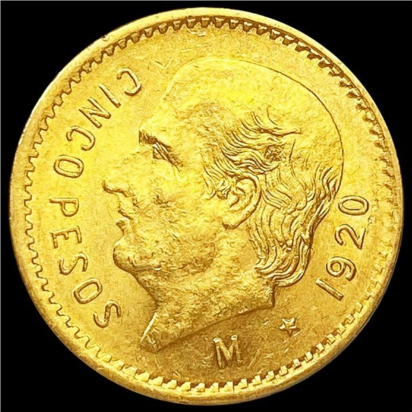 1920 Mexico .1206oz Gold 5 Pesos UNCIRCULATED