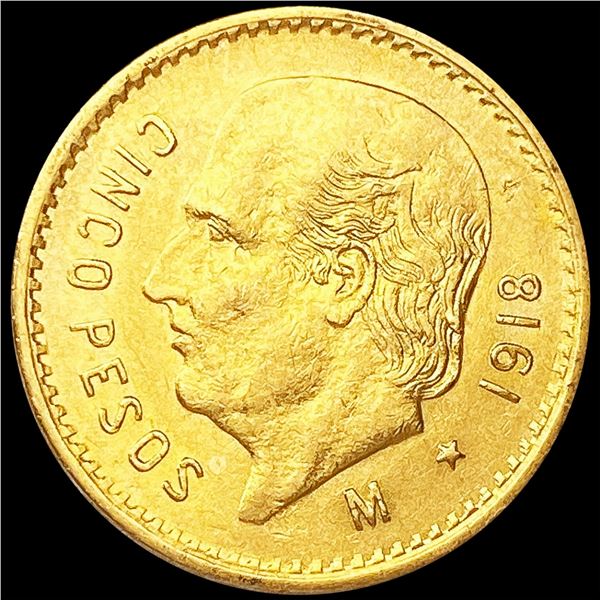 1918 Mexico .1206oz Gold 5 Pesos UNCIRCULATED
