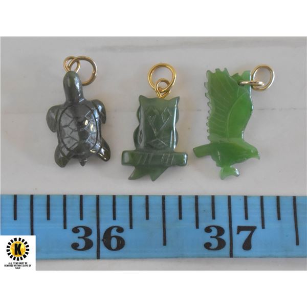 3 ESTATE JADE CHARMS EAGLE, OWL, TURTLE