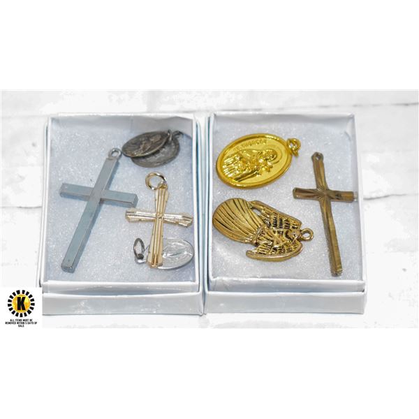 2 BOXES WITH ROSARIES, CROSSES, & MEDALLIONS