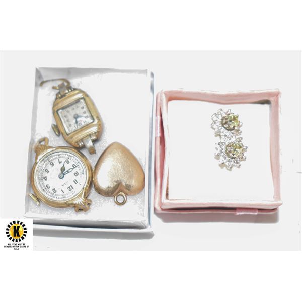 2 ANTIQUE WATCHES, ANTIQUE HEART LOCKET, &