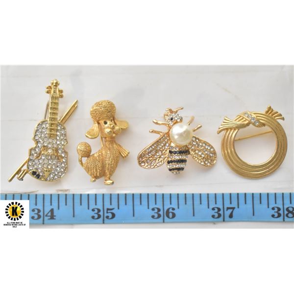 4 GOLD AND JEWELED THEME BROACHES