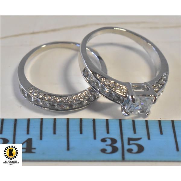 2PCS WHITE SAPPHIRE TONED RINGS SET SZ 8