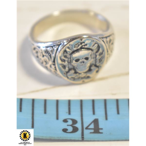 SILVER ENGRAVING CROWN SKULL BIKER RING SZ 11