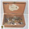 Image 1 : OLD WOOD BOX FILLED WITH VARIOUS OLD WORLD COINS