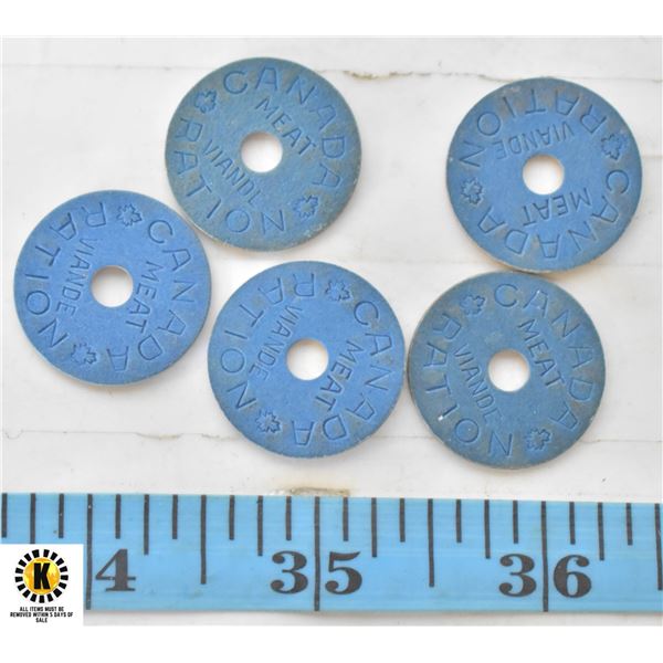 LOT OF 5 WWII CANADA MEAT RATION TOKENS