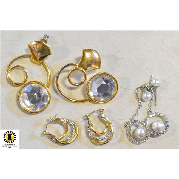 3 PAIRS OF GOLD/SILVER/JEWED THEME/TONE EARRINGS