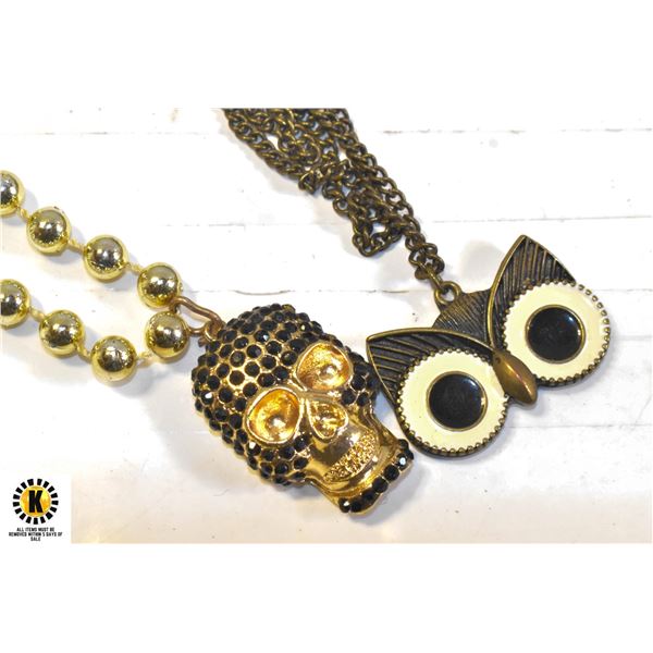 OWL EYES AND JEWELED SKULL NECKLACES