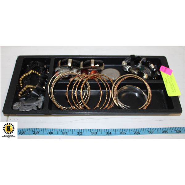 BLACK TRAY FULL OF LOCKET, MARQUESITE, TURTLE,