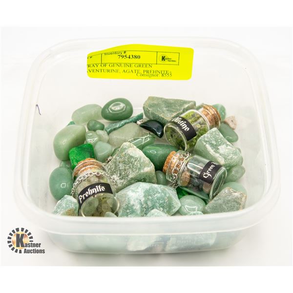 TRAY OF GENUINE GREEN AVENTURINE, AGATE, PREHNITE+