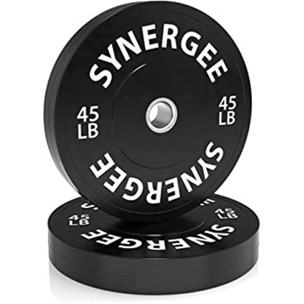 NEW PAIR OF SYNERGEE 45LB BUMPER PLATES, BLACK