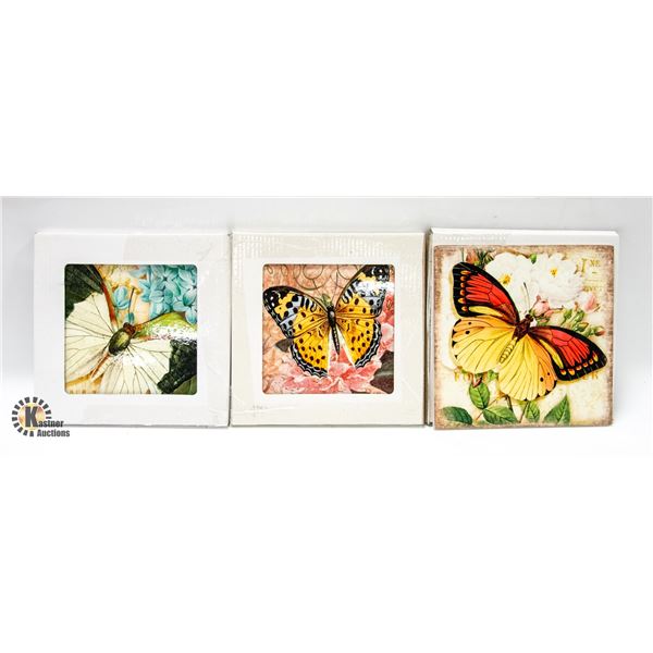 3 SQUARE CERAMIC TRIVETS,BUTTERFLY