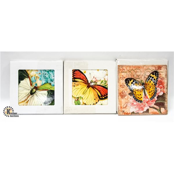 3 SQUARE CERAMIC TRIVETS,BUTTERFLY