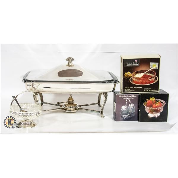 NEW SILVER PLATE CRYSTAL TABLEWARE & CHAFING DISH