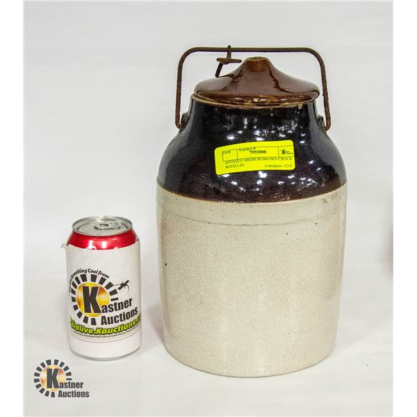 ANTIQUE MEDIUM BROWN CROCK WITH LID