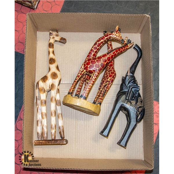 BOX WITH ESTATE SAFARI WOOD ANIMAL STATUES -