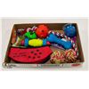 LARGE FLAT OF DOGGY TOYS & WATER BOWLS