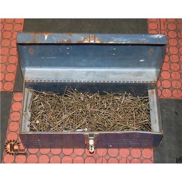 BLUE TOOL BOX FULL OF 3 INCH DECK SCREWS