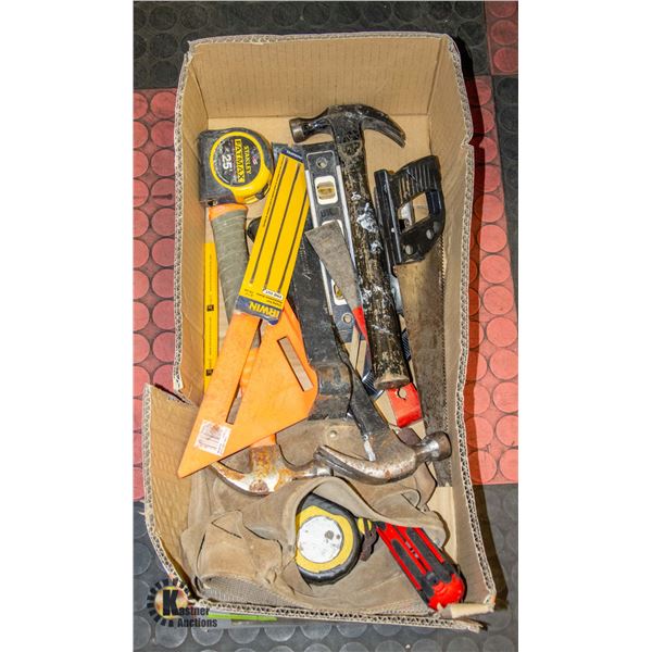 BOX OF CARPENTERS FRAMING/DECKING TOOLS