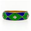 Image 2 : Vintage 18k Gold 2.64 ctw Diamond Green & Blue Enamel Wide Open Bangle Bracelet