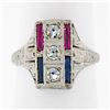 Image 1 : Antique Art Deco 18K Gold .24 ctw Diamond Sapphire Ruby Hand-Etched Dinner Ring