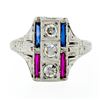 Image 4 : Antique Art Deco 18K Gold .24 ctw Diamond Sapphire Ruby Hand-Etched Dinner Ring