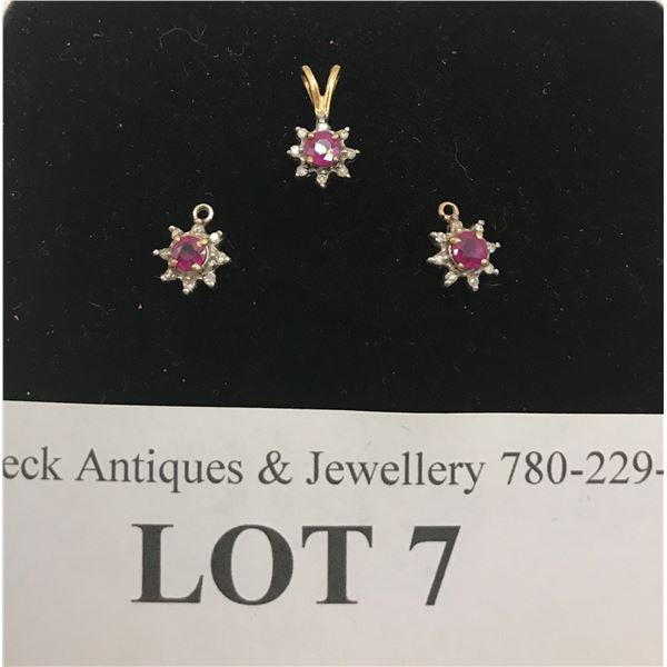 Ruby & Diamond Pendant & Earrings (missing earring wires)