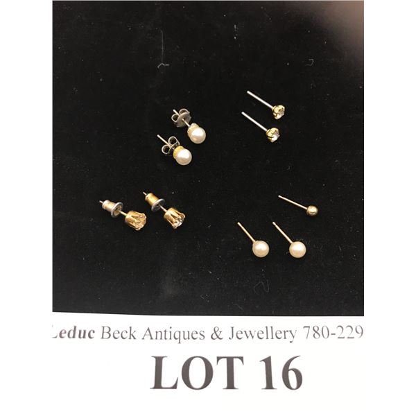 14k Pearl Earrings, 1 Gold Stud & 3 Pairs of Costume Jewellery Earrings