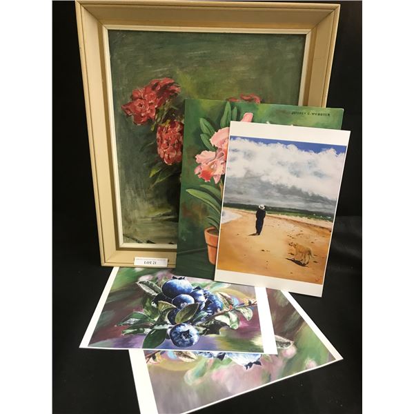 Jeffrey Webster & I Fraser Floral Paintings, Golden Retriever & Owner on the Beach & 2 Blueberry Pri