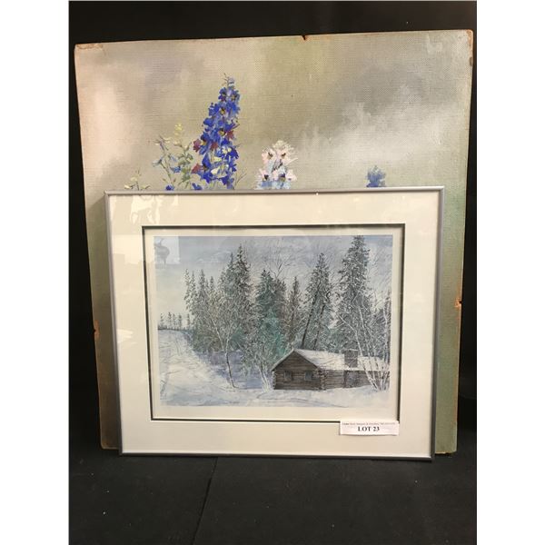 Linda Jenson Ltd Edition Lithograph Cottage Print & Delphinium Floral Painting