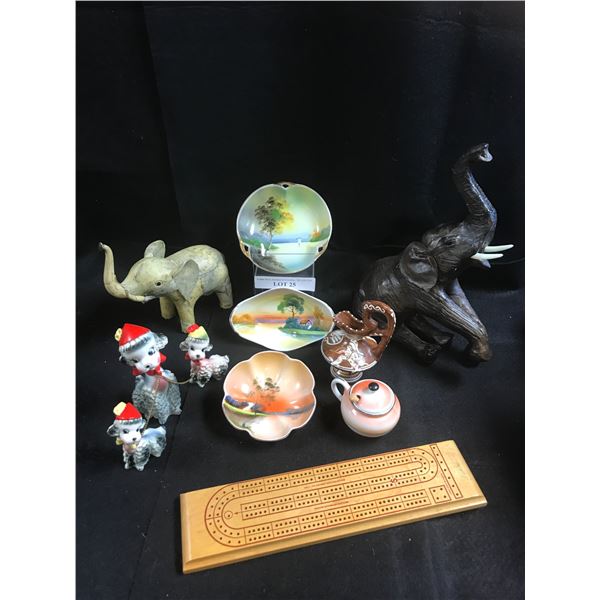 Cribbage Game, Noritake Hand Painted Bowls from Japan, Greek Jug, Wood & Paper Elephants, Vintage Po