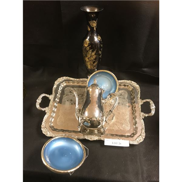Silverplate Coffee Pot & Tray, 2 Blue Enamel Bowls, Black & Gold Vase
