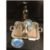 Image 1 : Silver-plate Coffee Pot & Tray, 2 Blue Enamel Bowls, Black & Gold Vase