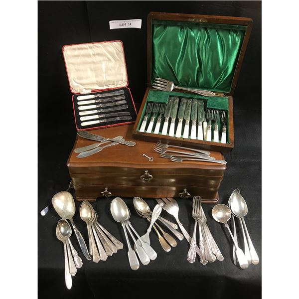 Butter Knives & Knife & Fork Set with Mother of Pearl Handles, Silver Plate Cutlery and Wooden Box w