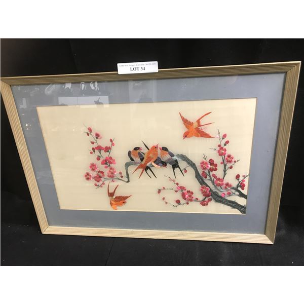 Beautiful Asian Birds in Cherry Blossom Tree Silk Embroidered Picture
